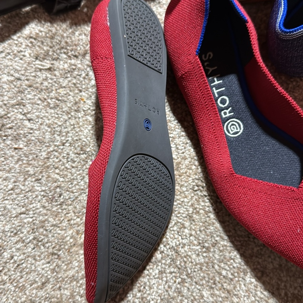 Rothy's Red Pointed Toe Flats with Blue Trim - Picture 2 of 2